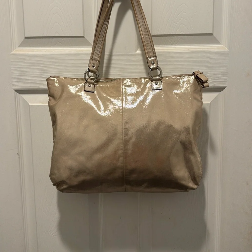 Coach Poppy Metallic Gold Champagne Leather‎ Large Tote Bag Purse #H1281-F20441
